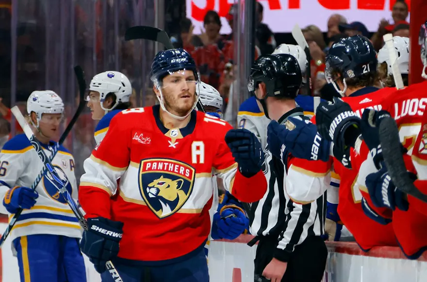 Matthew Tkachuk of the Florida Panthers celebrates his first-period power-play goal against the Buffalo Sabres at Amerant Bank Arena.