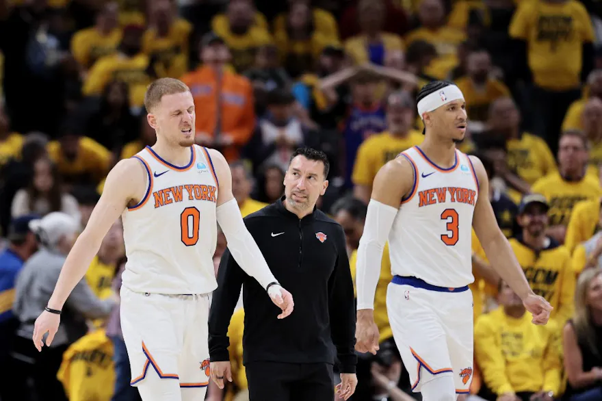 Donte DiVincenzo of the New York Knicks walks off the court after being injured as we look at the New York legal sports betting financials for April 2024