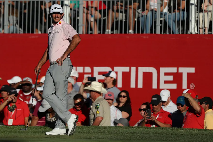 Max Homa stands on the 18th hole green during the final round of the Fortinet Championship at Silverado Resort and Spa on September.