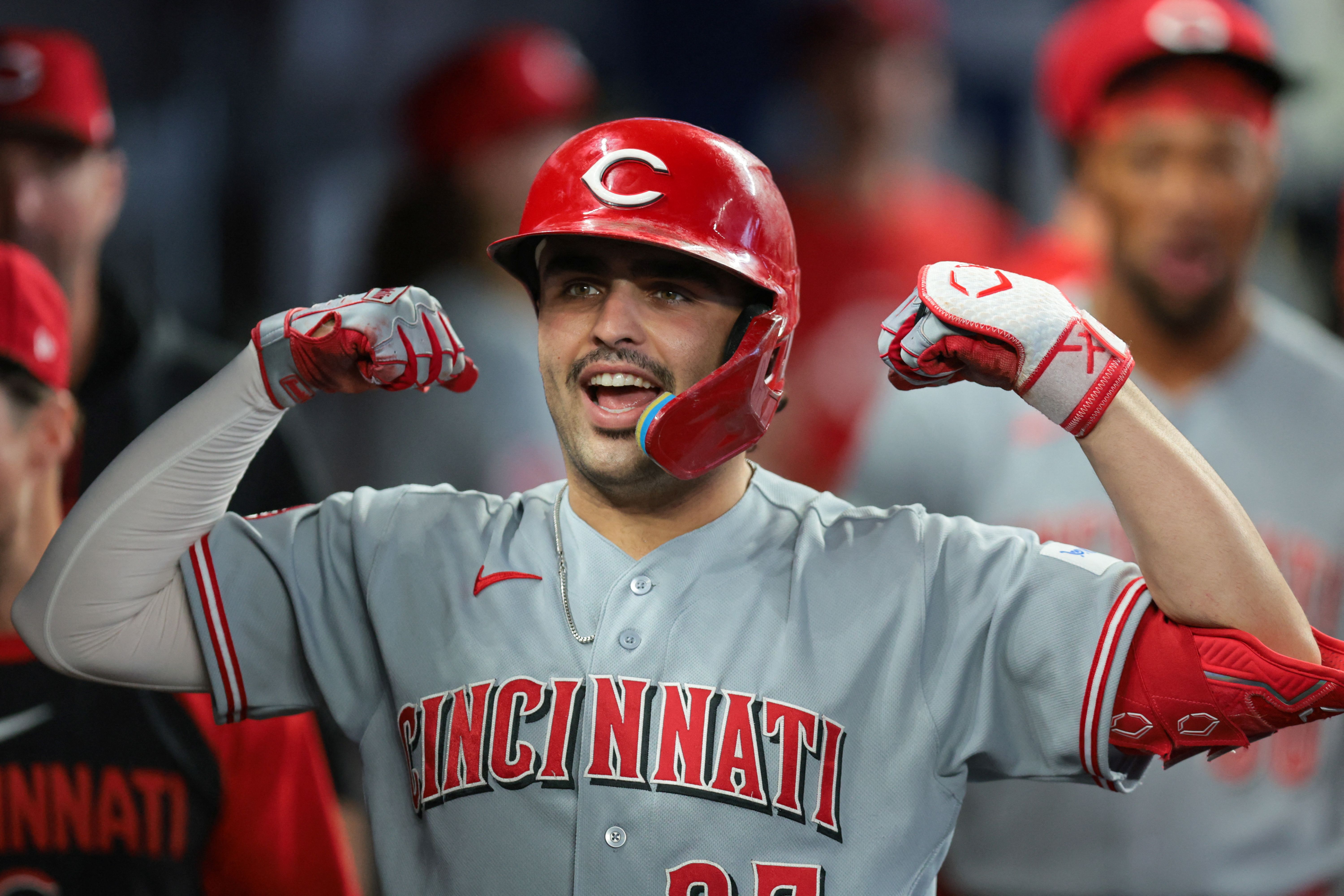 Cincinnati Reds first baseman Sal Stewart celebrates after hitting a home run, and he's key as we look at our Giants vs. Reds prediction.