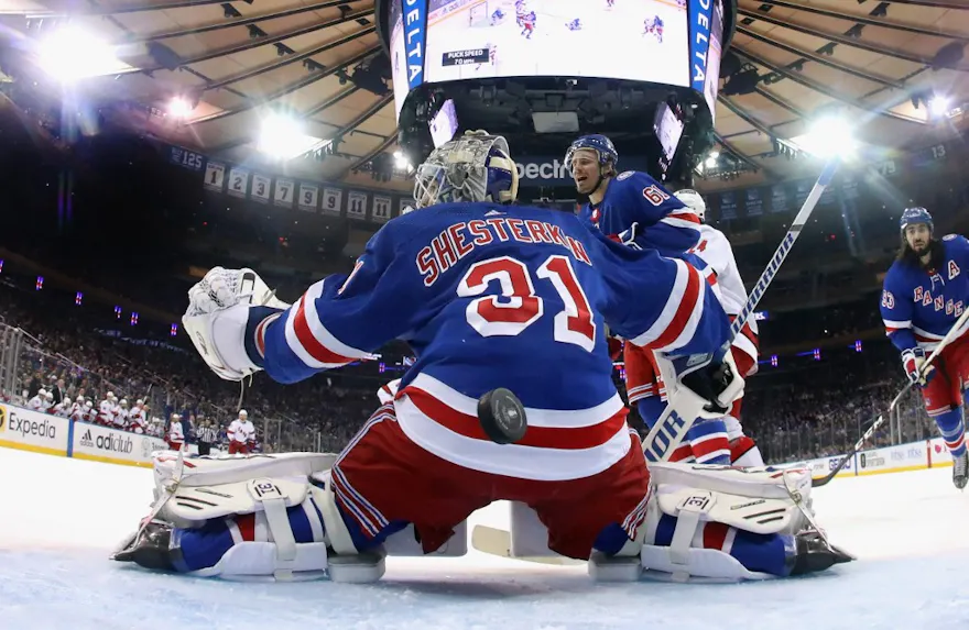 A shot by Brady Skjei of the Carolina Hurricanes gets past Igor Shesterkin of the New York Rangers during the second period in Game 6 of the Second Round of the 2022 Stanley Cup Playoffs at Madison Square Garden.