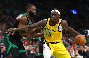 Pascal Siakam of the Indiana Pacers drives past Jaylen Brown of the Boston Celtics during Game 2 of the Eastern Conference Finals. We're backing Siakam in our Celtics vs. Pacers Player Props. 