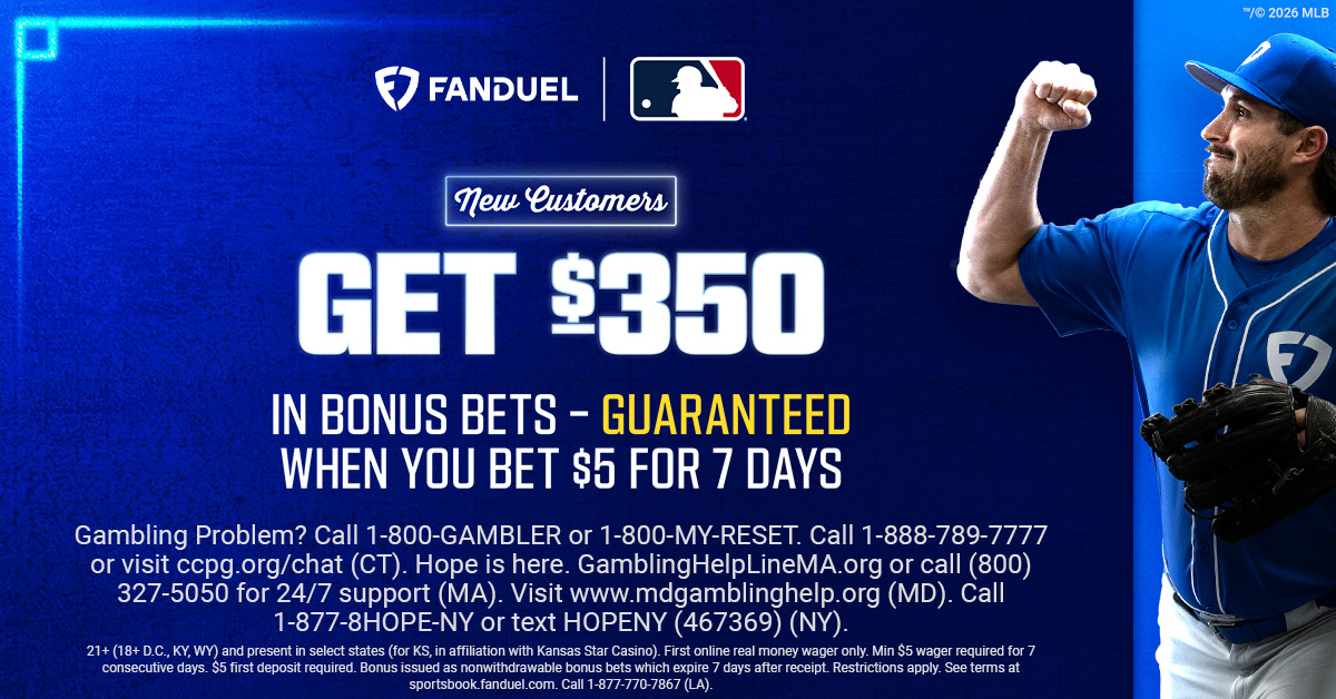 FanDuel Sportsbook new customer promo 'get $350 in bonus bets - guaranteed when you bet $5 for 7 days.'
