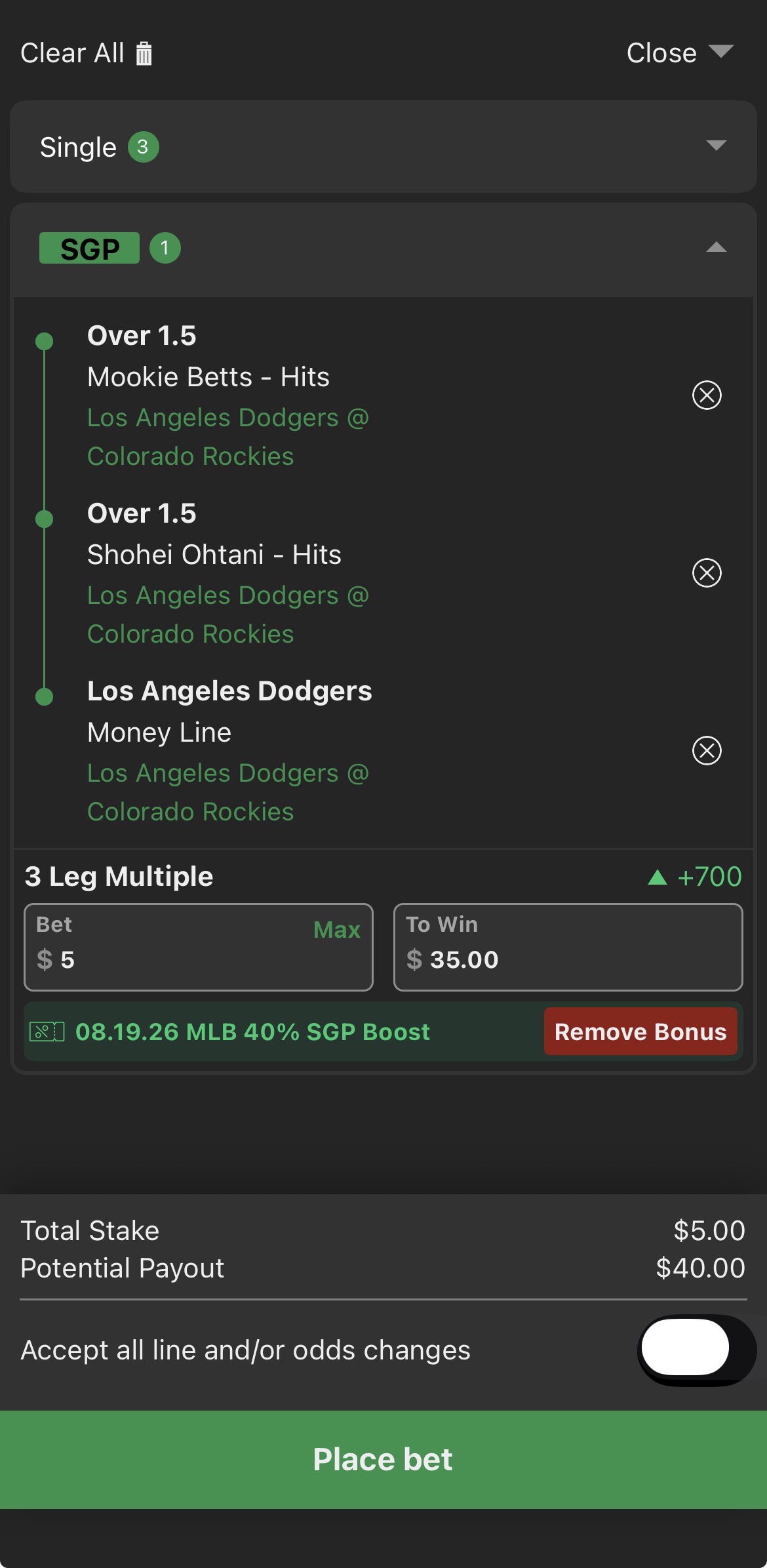 BET99 app betslip showing a three-leg same-game parlay for Dodgers @ Rockies with SGP Boost promo applied.