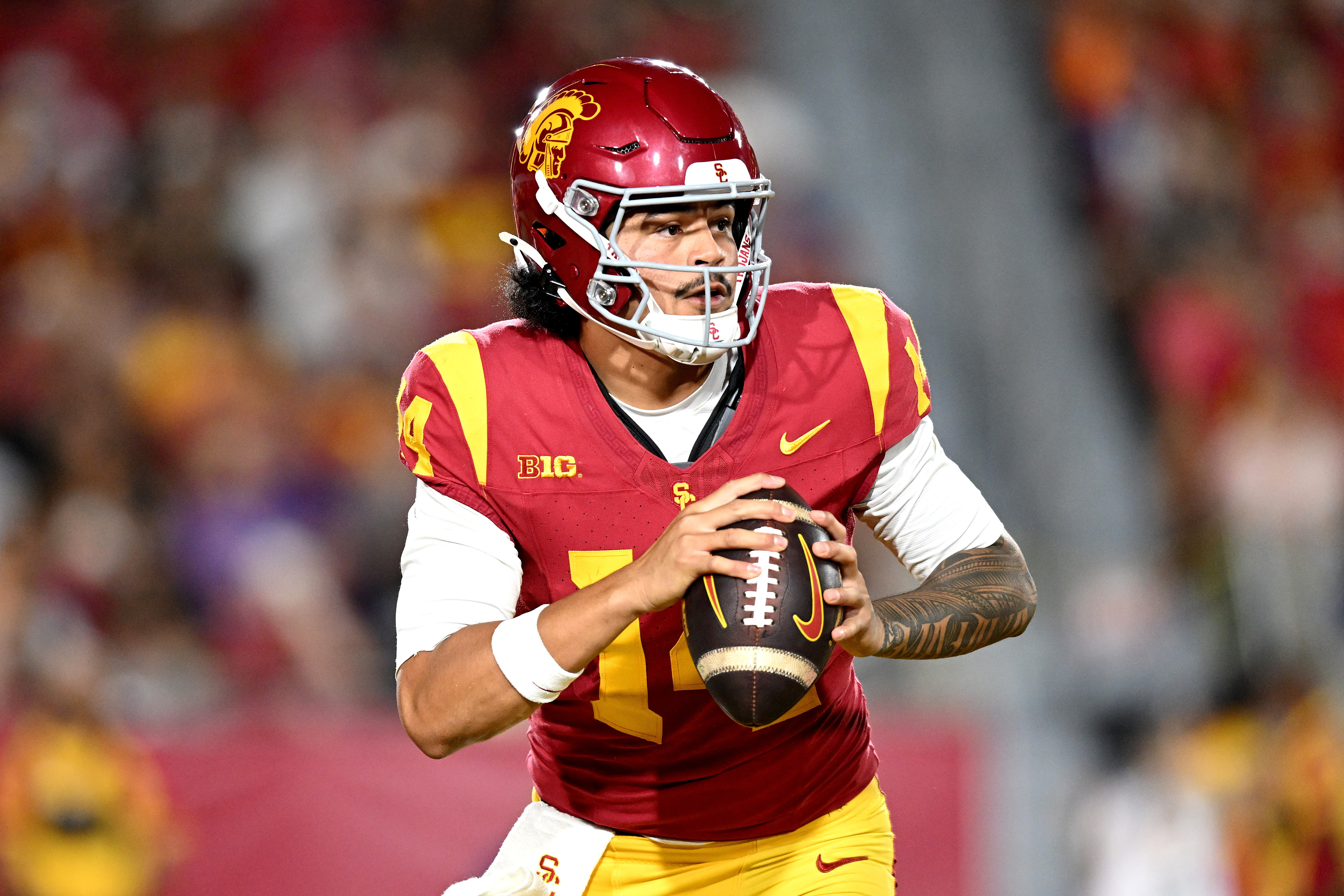 Pictured: Trojans quarterback Jayden Maiava in the pocket as we break down our USC vs. Penn State Prediction. Photo by Griffin Hooper-Imagn Images.