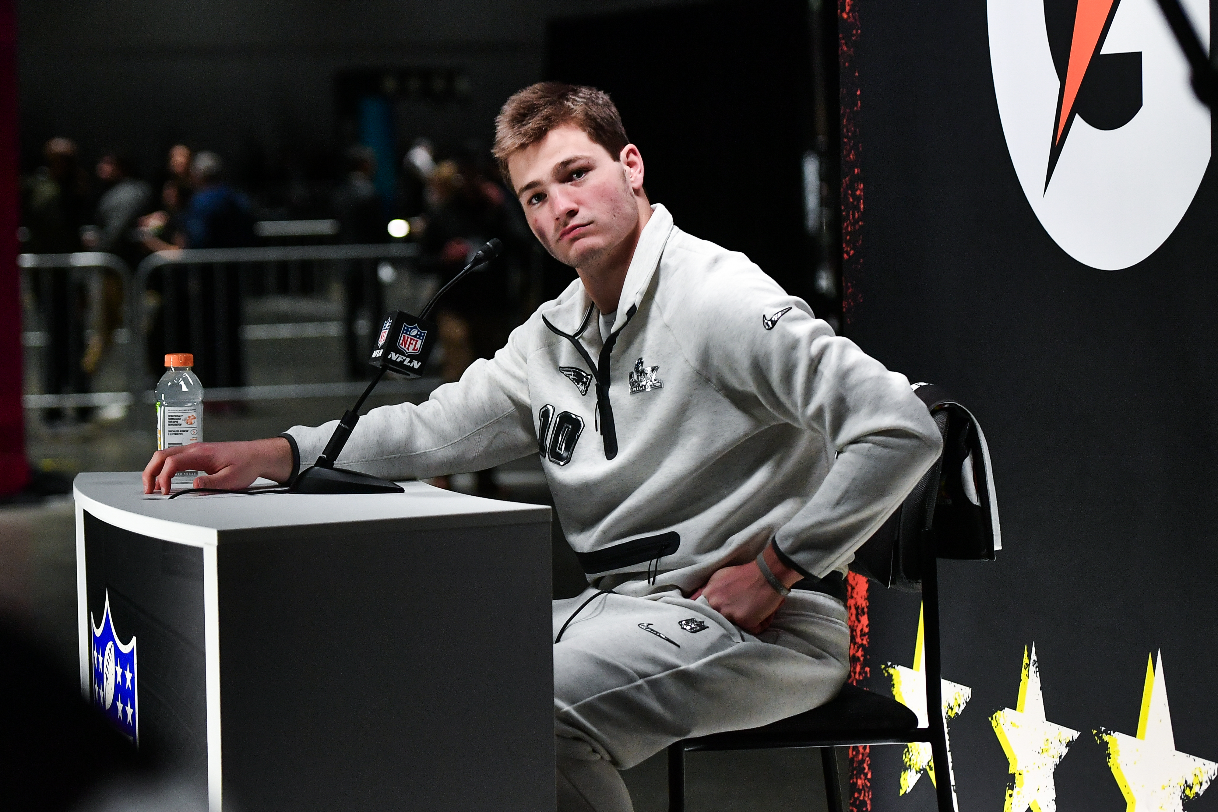 New England Patriots Quarterback Drake Maye speaks to the media as we offer an update on his shoulder injury