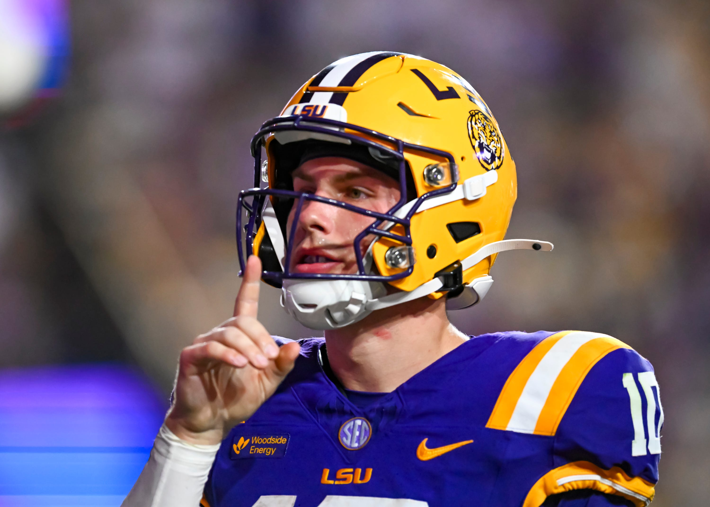 LSU quarterback Sam Leavitt (10) gestures as we break down our Texas A&M vs. LSU same game parlay.