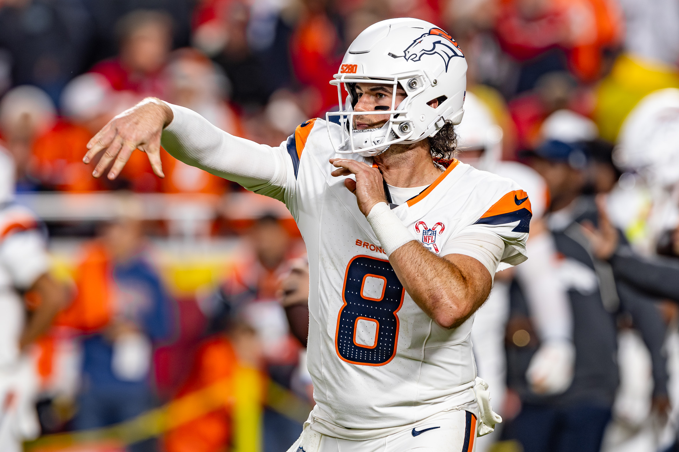 Denver Broncos quarterback Jarrett Stidham (8) in pregame workout as we look at the Broncos odds for the AFC Championship