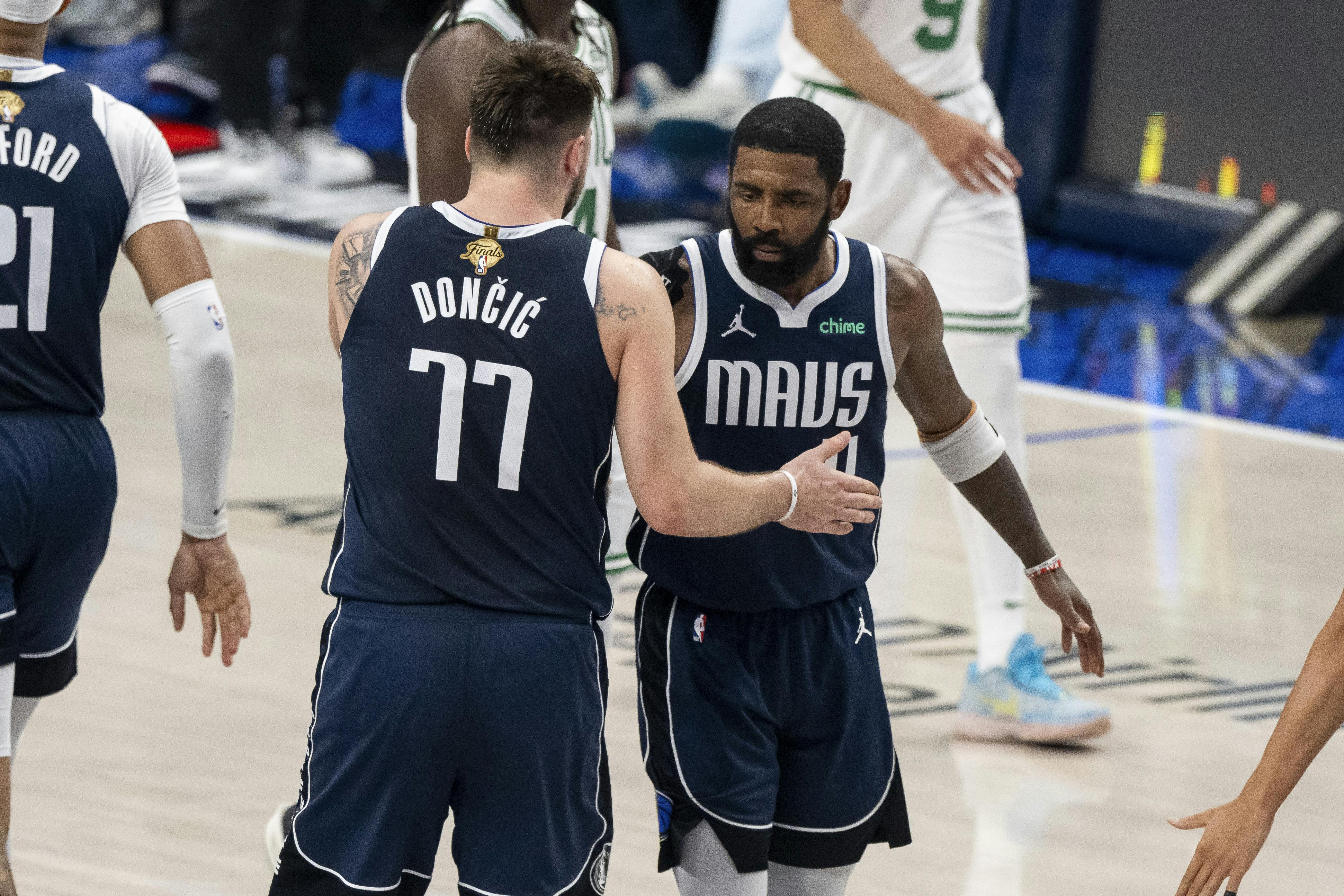 Dallas Mavericks guards Kyrie Irving and Luka Doncic during Game 4 of the 2024 NBA Finals.