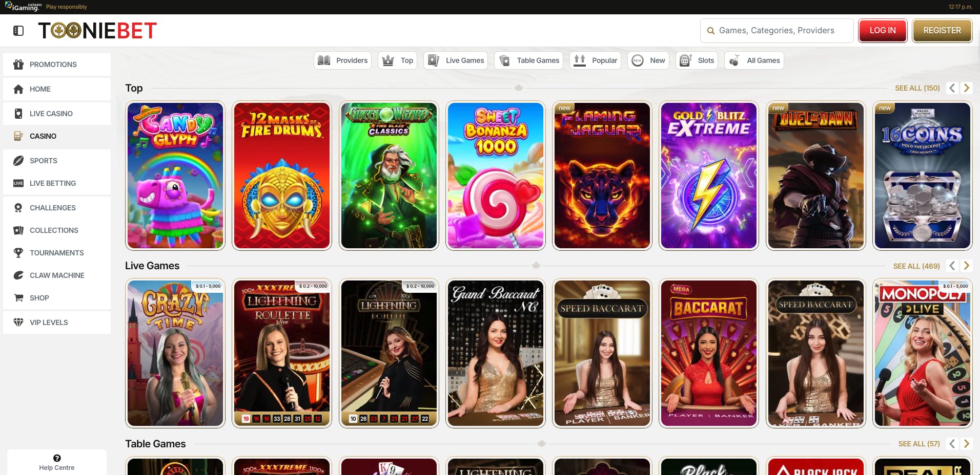 ToonieBet Casino games page in desktop view.