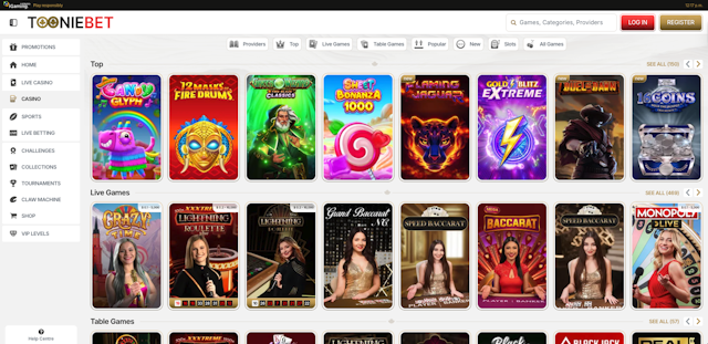 ToonieBet Casino games page in desktop view.