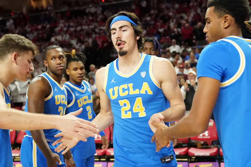Jaime Jaquez Jr. of the UCLA Bruins is introduced before a college basketball game at the Xfinity Center. Photo by Mitchell Layton/Getty Images/AFP.