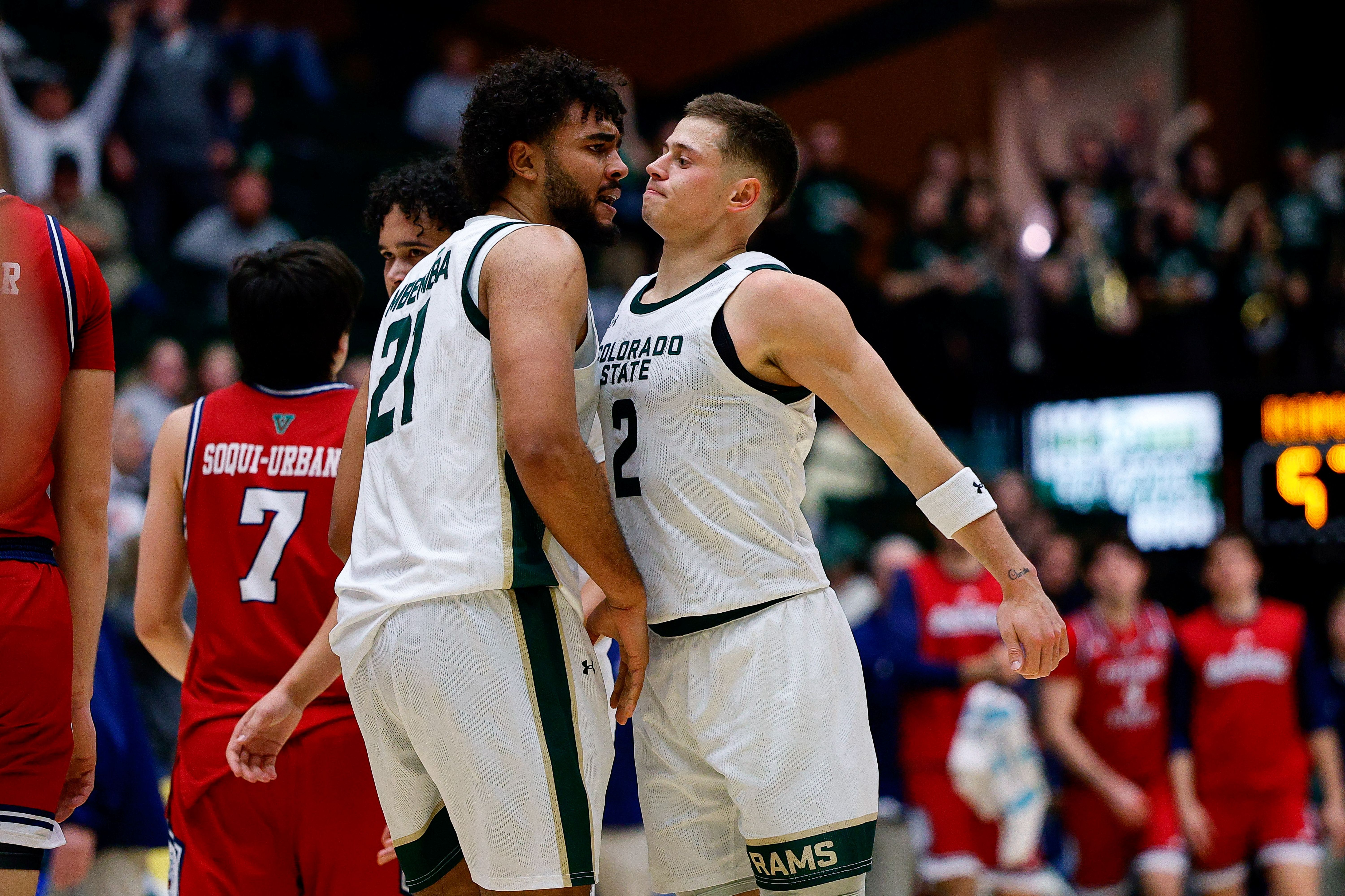 Colorado State Rams guard Brandon Rechsteiner reacts with guard Rashaan Mbemba as we look at our college basketball best bets today.