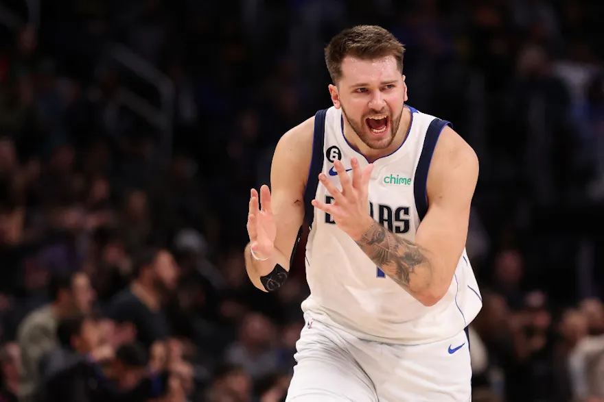 Luka Doncic of the Dallas Mavericks reacts to a missed basket while playing the Detroit Pistons at Little Caesars Arena.