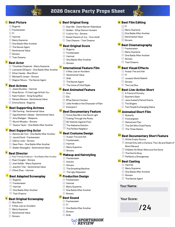 Free, printable 2026 Oscars ballot