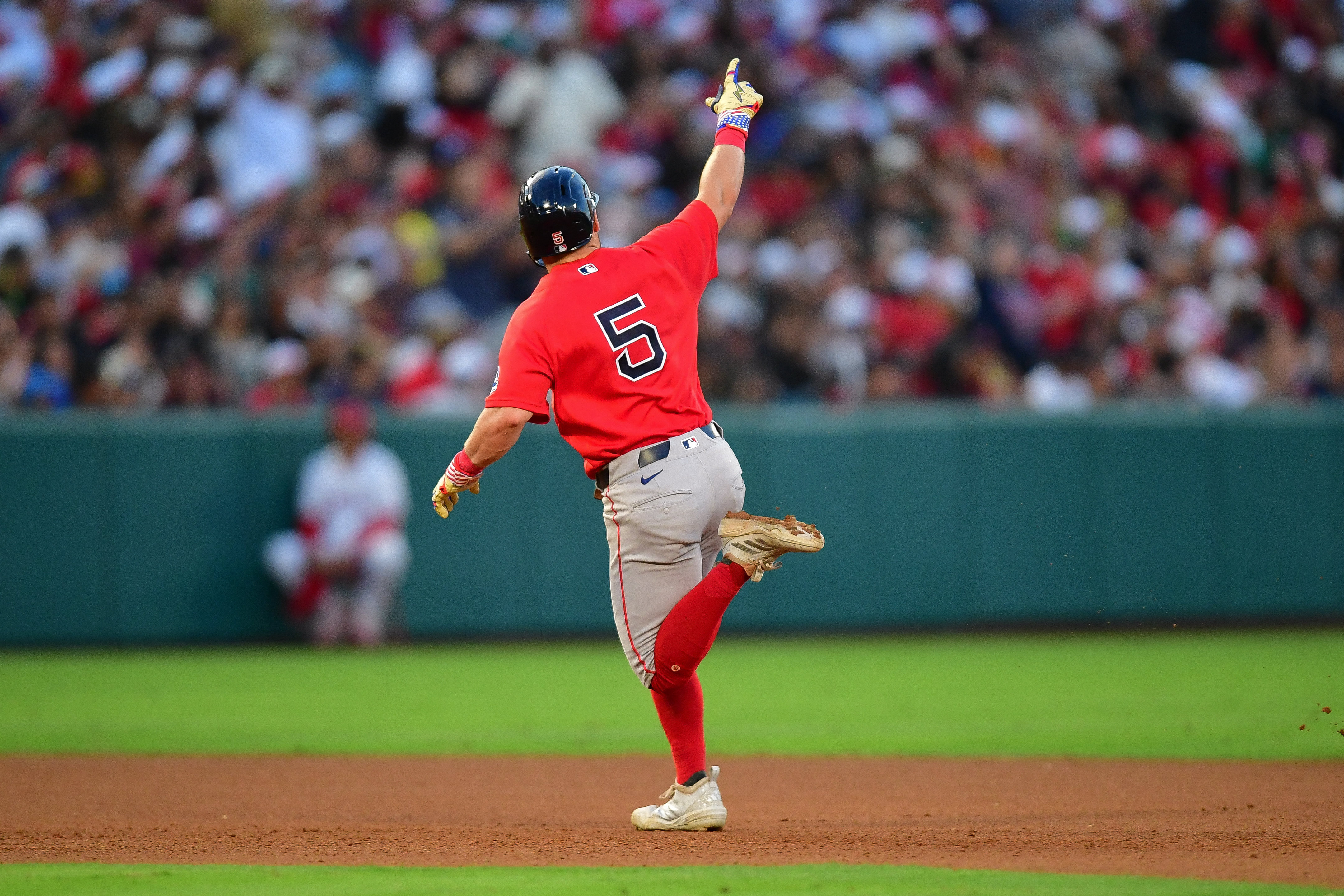 Boston Red Sox third baseman Caleb Durbin (5) runs the bases as he is featured in our Red Sox vs. Angels prediction.