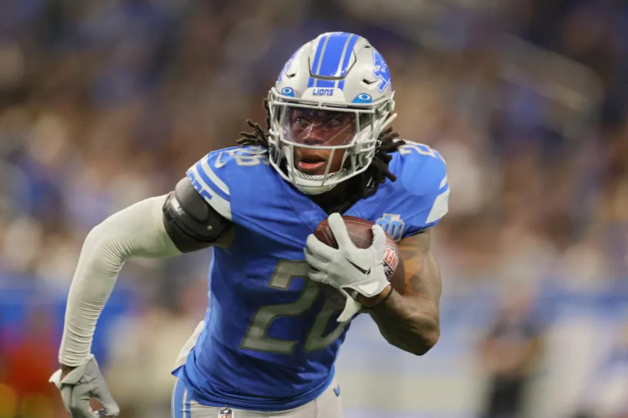 Running back Jahmyr Gibbs of the Detroit Lions features in our Lions vs. Chiefs player props.
