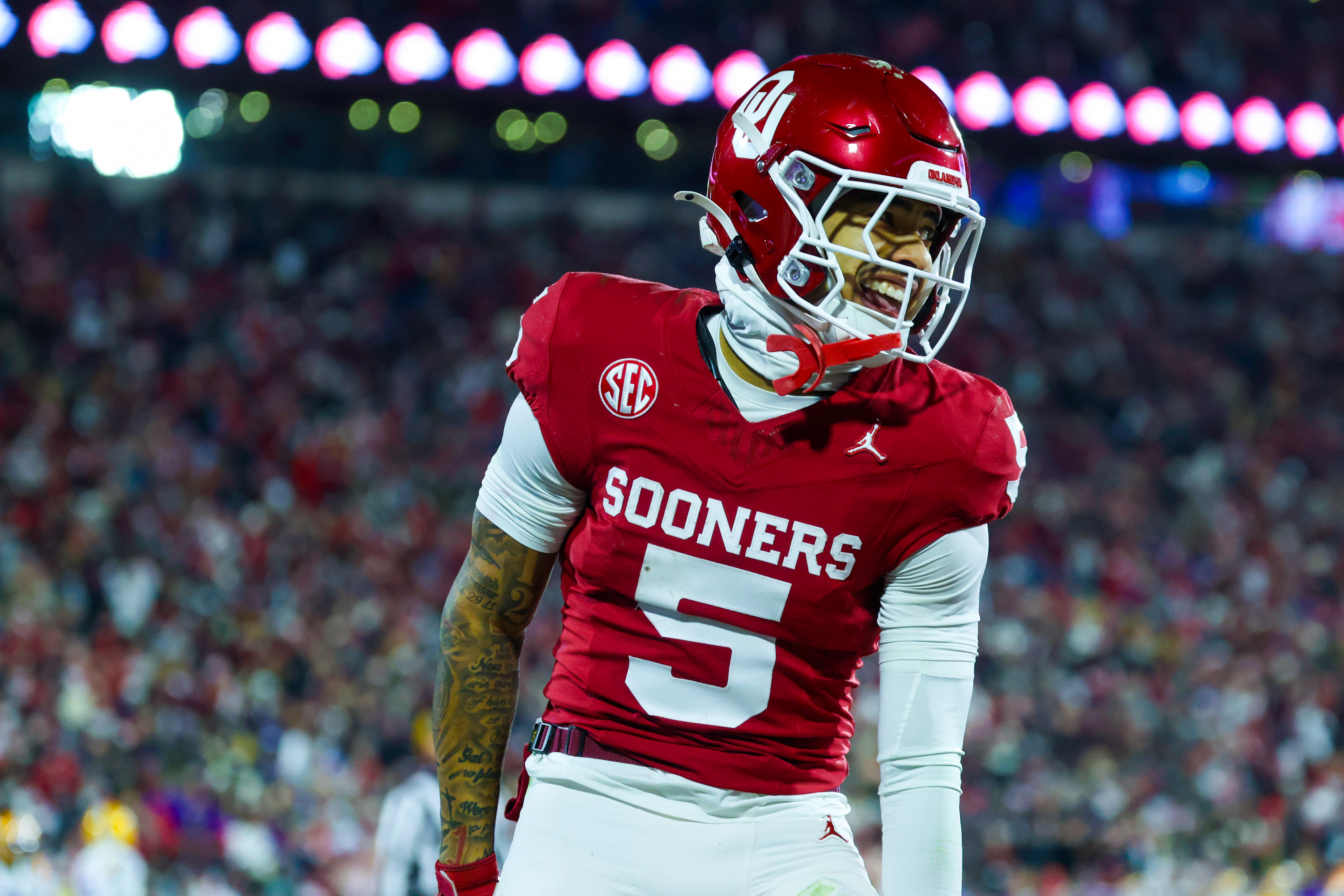 Oklahoma Sooners wide receiver Isaiah Sategna III (5), seen here reacting after a touchdown, is featured in our college football player props for today's bowl games.
