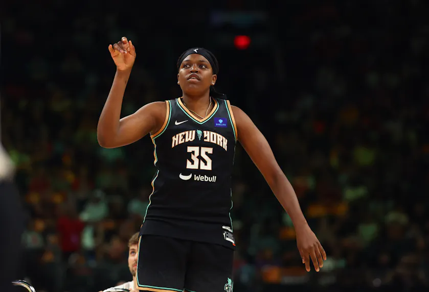 New York Liberty player Jonquel Jones as we offer our Wings vs. Liberty prediction and expert picks for Tuesday's WNBA matchup at Barclays Center in Brooklyn, N.Y.