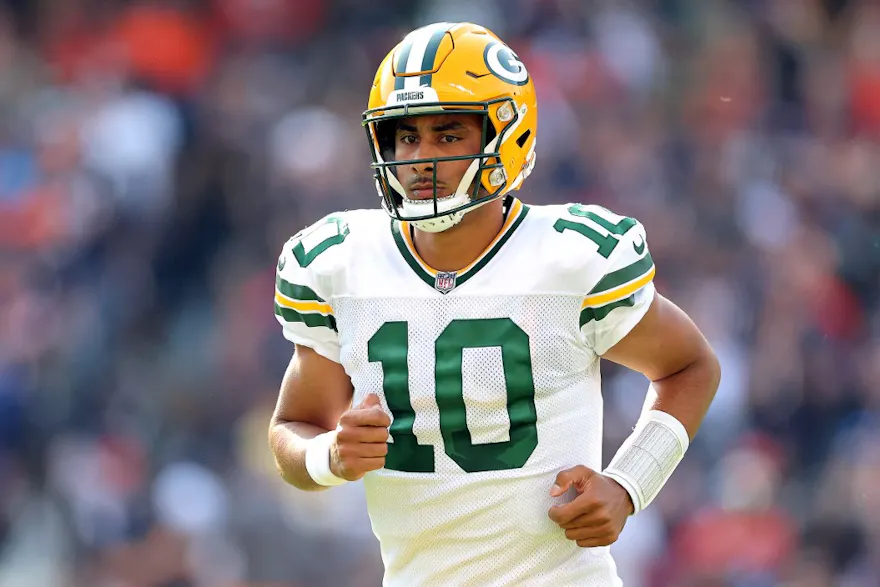 Jordan Love of the Green Bay Packers reacts after failing to convert on third down against the Chicago Bears, and we offer our top Jordan Love player props based on the best NFL odds.