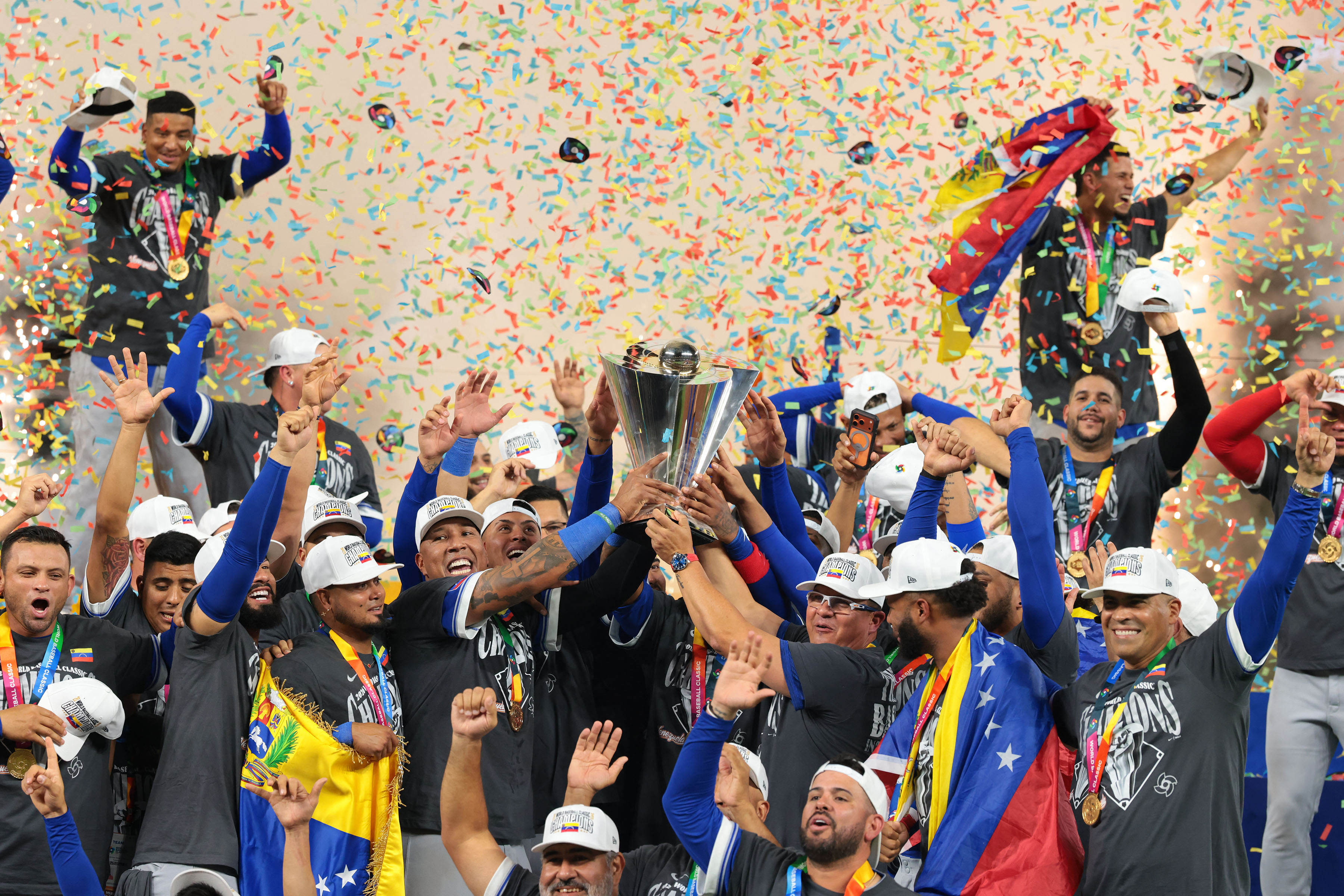 Venezuela reacts on the stage after defeating the United States during the 2026 World Baseball Classic Championship game at loanDepot Park.