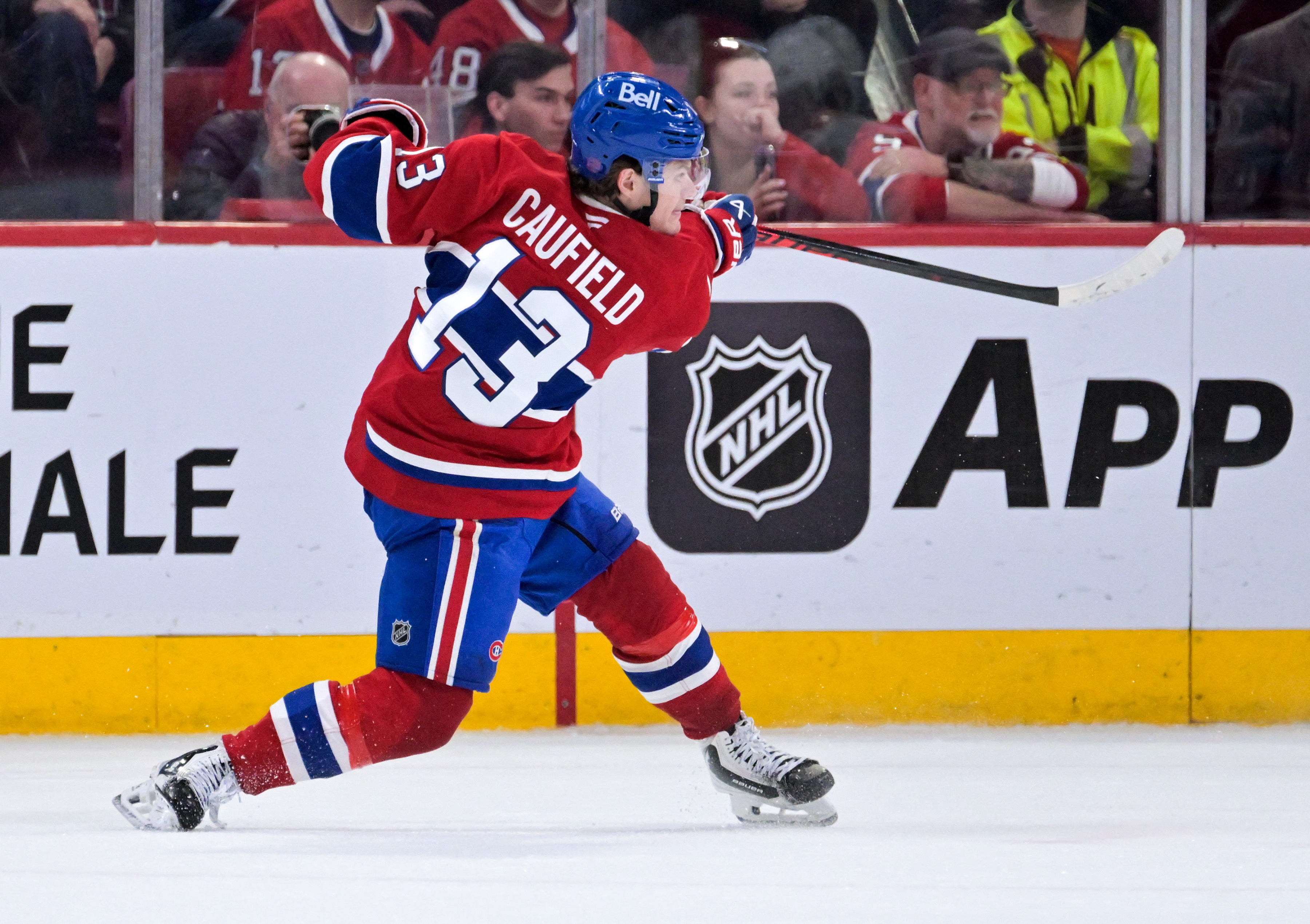 Montreal Canadiens forward Cole Caufield takes a shot as we look at our anytime goal scorer props for today, April 11
