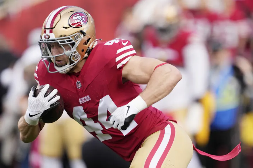 Kyle Juszczyk #44 of the San Francisco 49ers warms up as we make our Super Bowl 2024 long-shot bets and bold predictions for the Big Game between the San Francisco 49ers and Kansas City Chiefs on Sunday, Feb. 11 in Las Vegas.