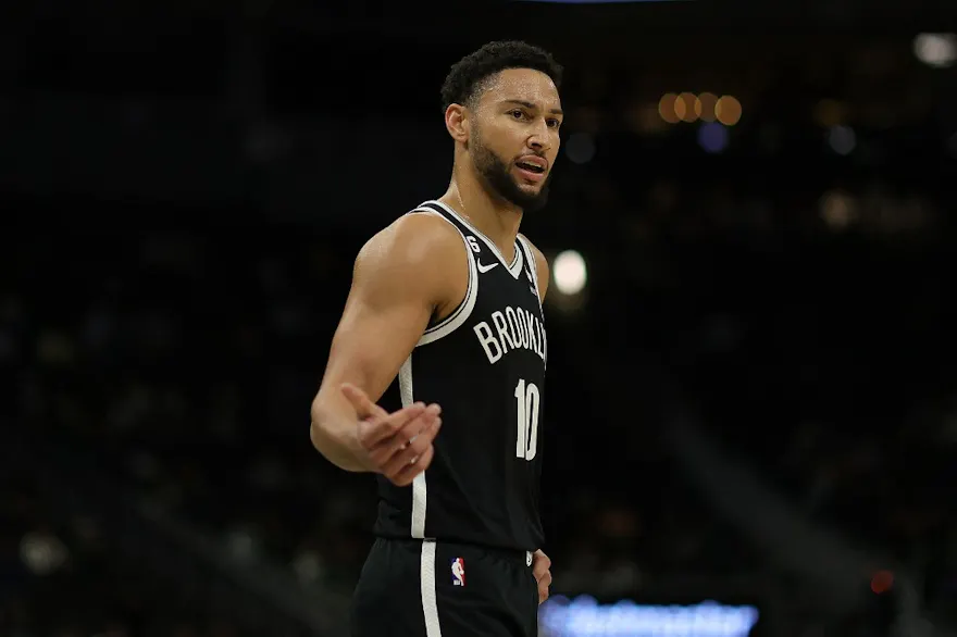 Ben Simmons #10 of the Brooklyn Nets reacts to an official's call during a preseason game against the Milwaukee Bucks at Fiserv Forum on October 12, 2022 in Milwaukee, Wisconsin.