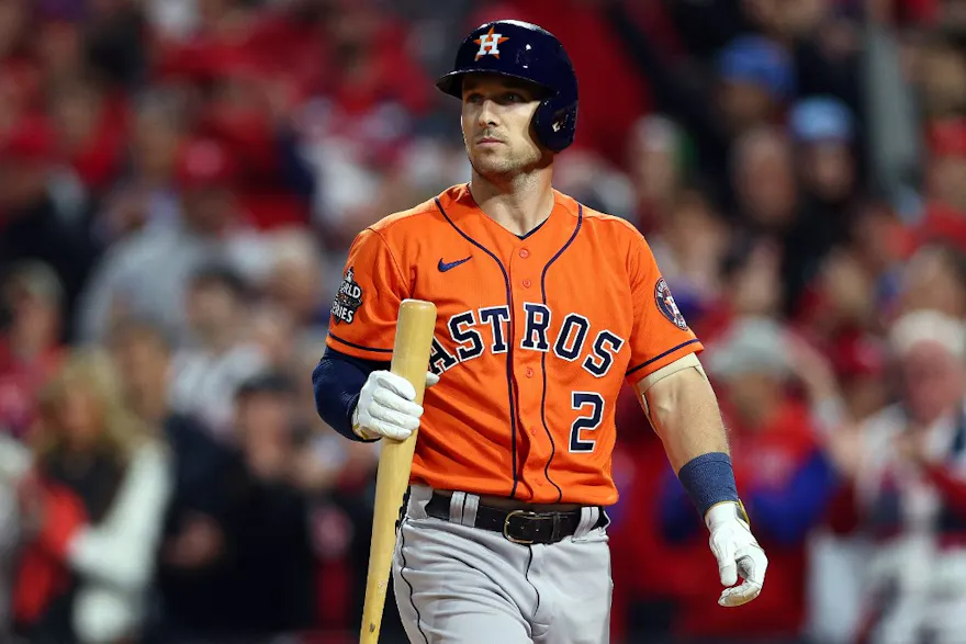 Alex Bregman of the Houston Astros reacts after striking out against the Philadelphia Phillies during the first inning in Game 5 of the 2022 World Series at Citizens Bank Park.