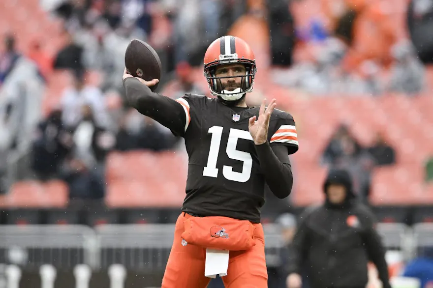Joe Flacco of the Cleveland Browns warms up as we make our best Joe Flacco player props for Browns vs. Texans.