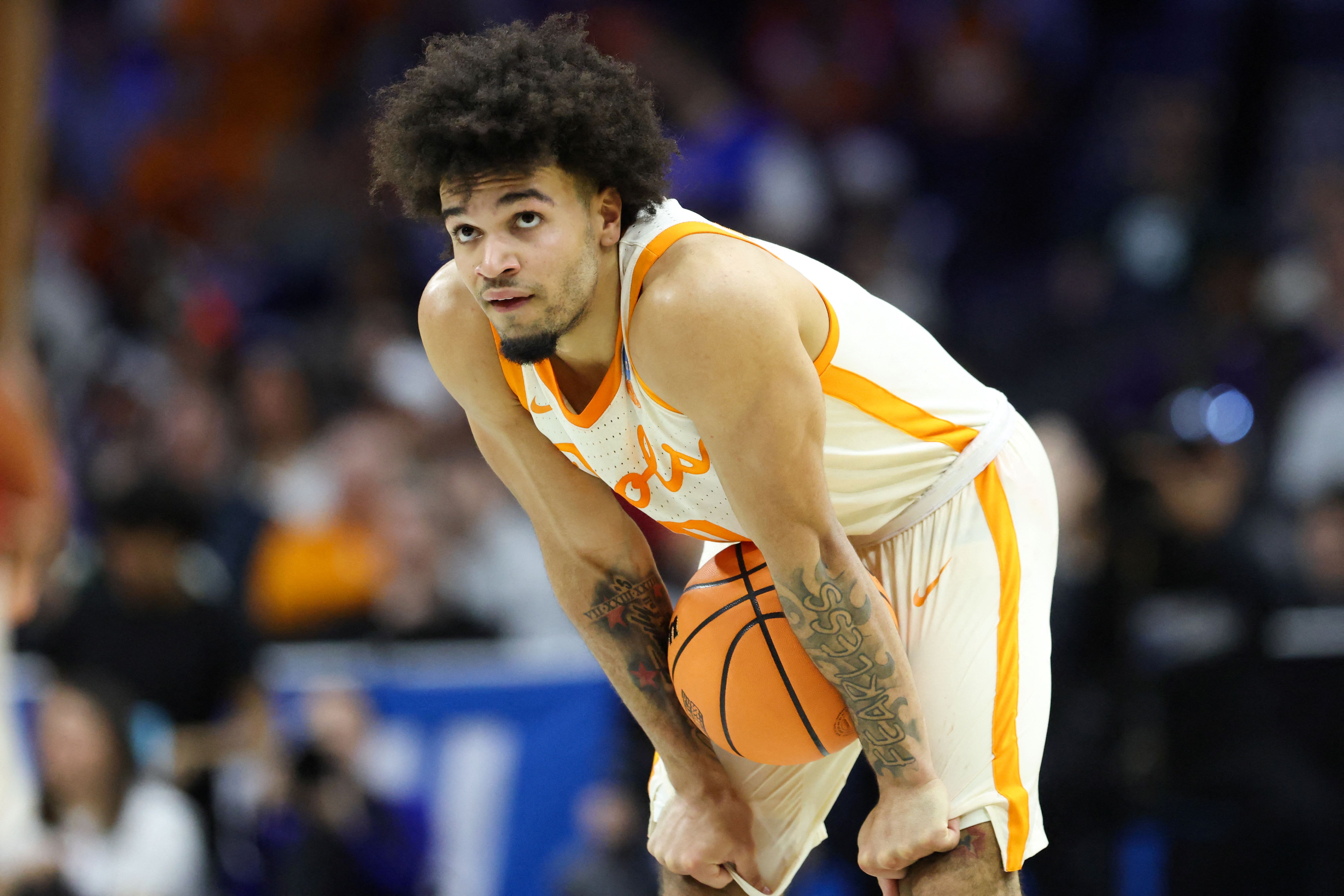 Tennessee Volunteers guard Ja'kobi Gillespie looks on, and he's featured in our Tennessee vs. Michigan player props.