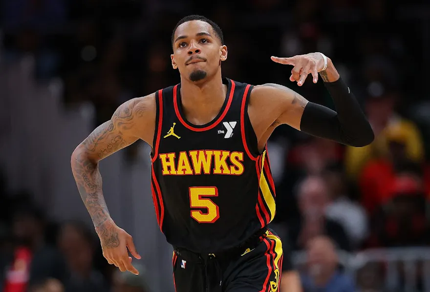 Dejounte Murray #5 of the Atlanta Hawks reacts as we look at the latest NBA next team odds and make our trade deadline predictions for Murray, DeMar DeRozan, and others.