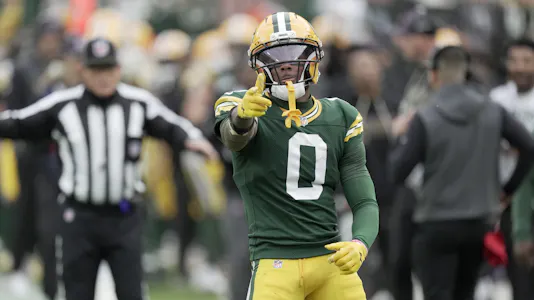 Green Bay Packers wide receiver Matthew Golden (0) reacts after a 45-yard reception, as we break down the latest Packers vs. Steelers injury report.