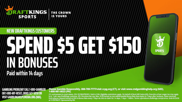 DraftKings Sports official promo image showing 'Spend $5 Get $150 in Bonuses' welcome offer.