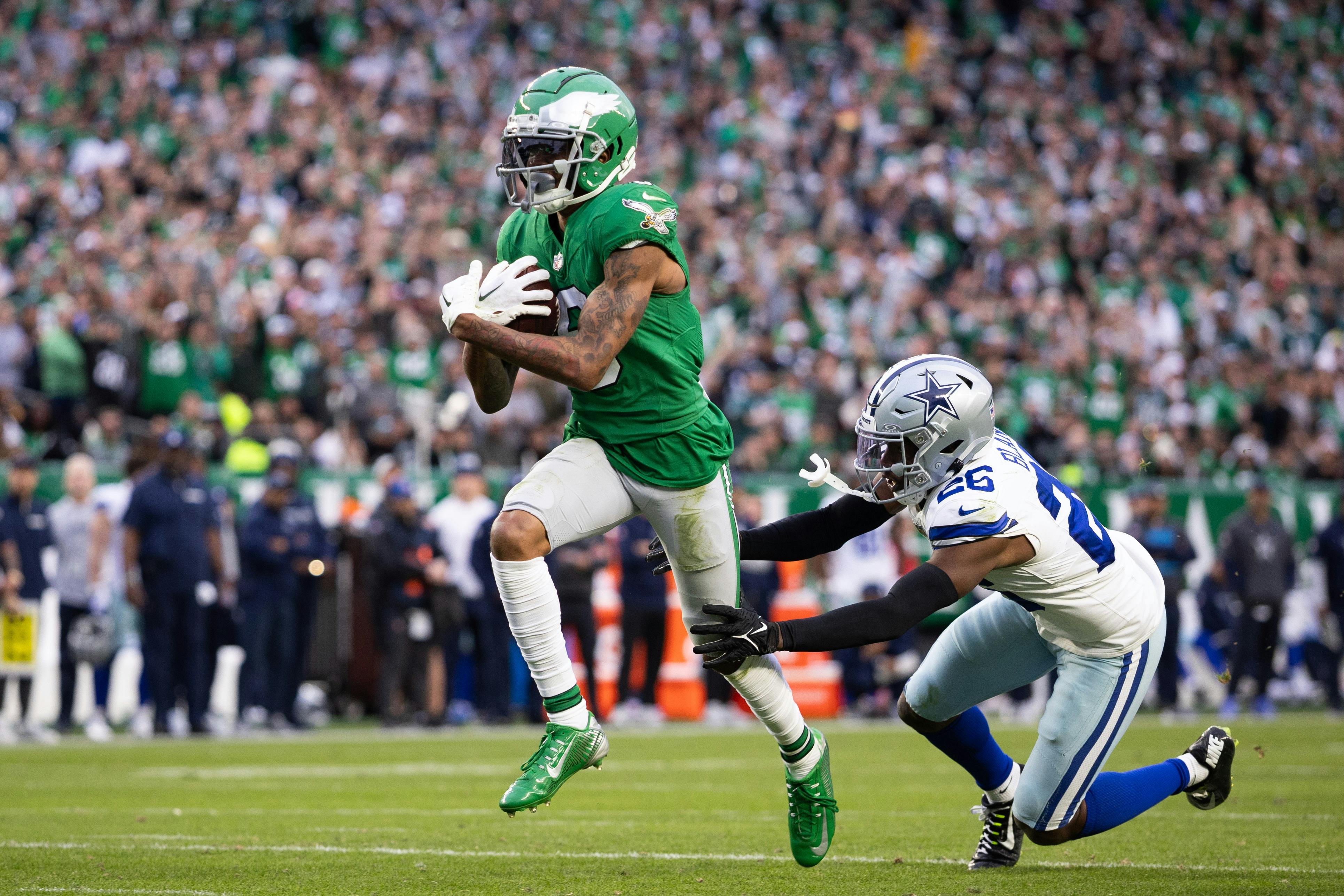 Philadelphia Eagles wide receiver DeVonta Smith scores against the Dallas Cowboys as we break down the 2025 Super Bowl odds. 