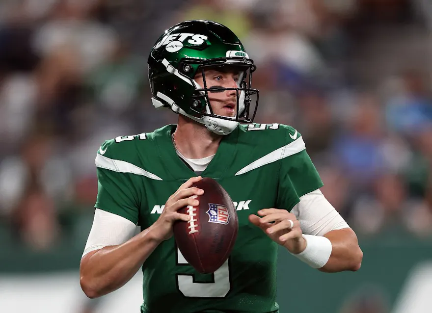 Quarterback Mike White of the New York Jets looks to pass during the 1st quarter of the preseason game against the Atlanta Falcons.