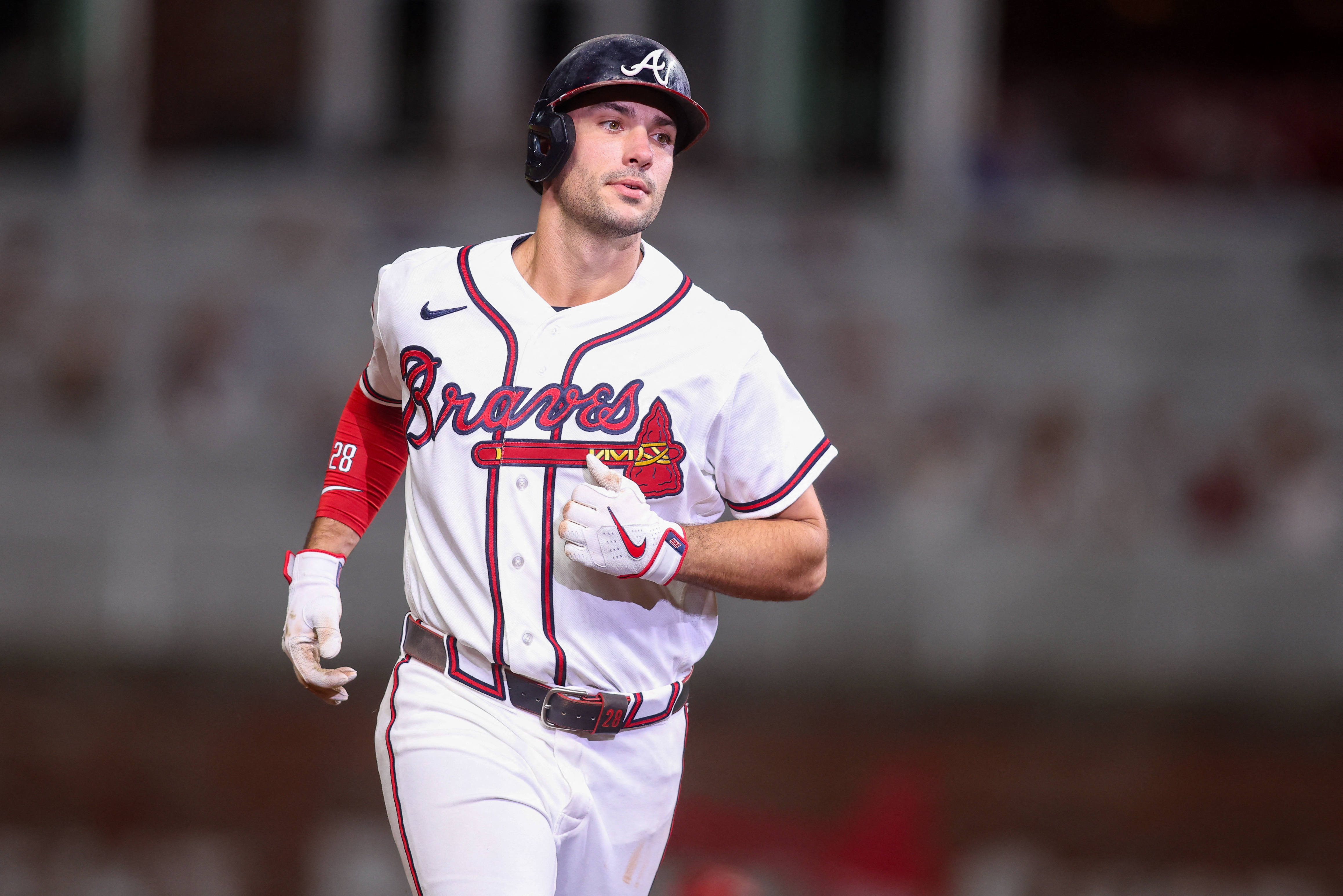 Atlanta Braves first baseman Matt Olson (28) hits a home run as he is featured in our MLB best home run predictions today.