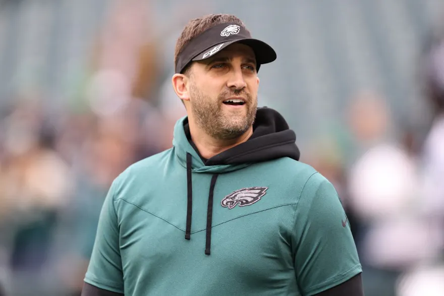 Eagles head coach Nick Sirianni looking on, potentially scheming how the Eagles rout the Chiefs to cash one of our Super Bowl bold predictions.
