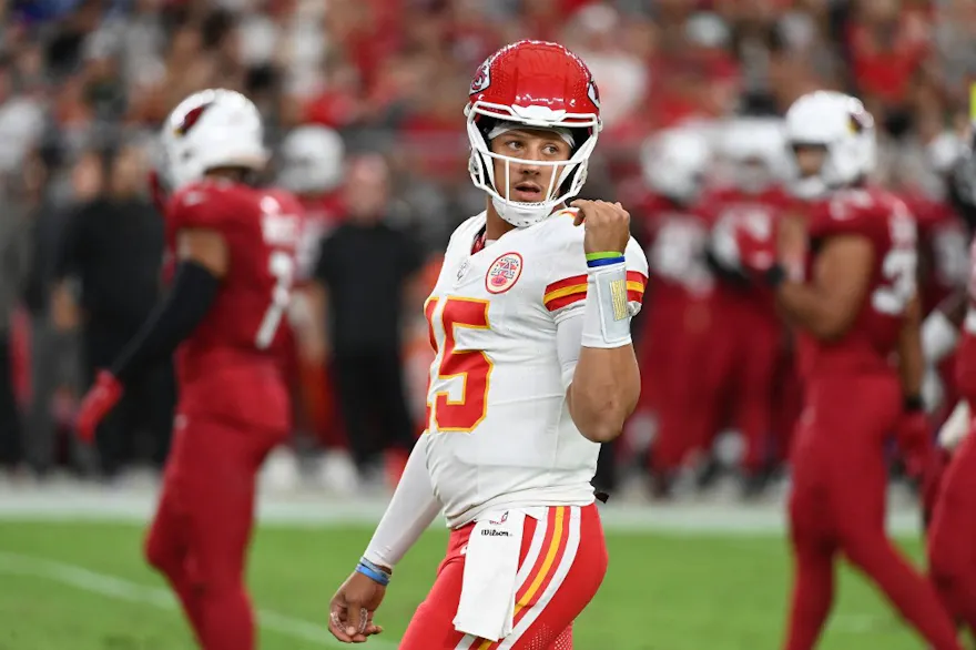 Patrick Mahomes of the Kansas City Chiefs looks to the sidelines during the first quarter of a preseason game against the Arizona Cardinals, and we offer new U.S. bettors our exclusive Caesars promo code.