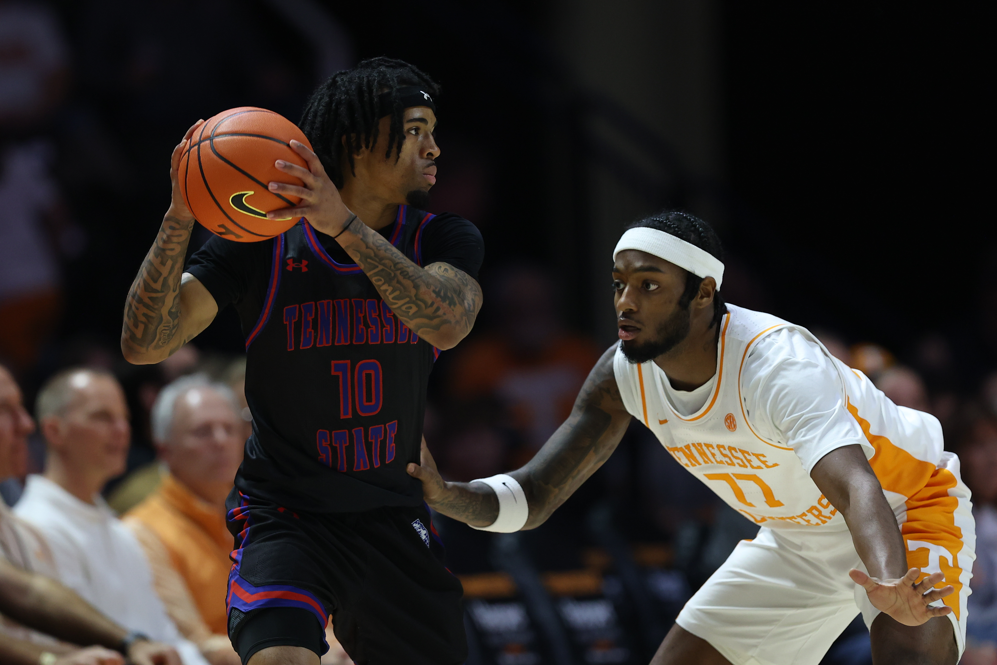 Tennessee State guard Dante Harris (10) is defended as we look at our Morehead State vs. Tennessee State predictions