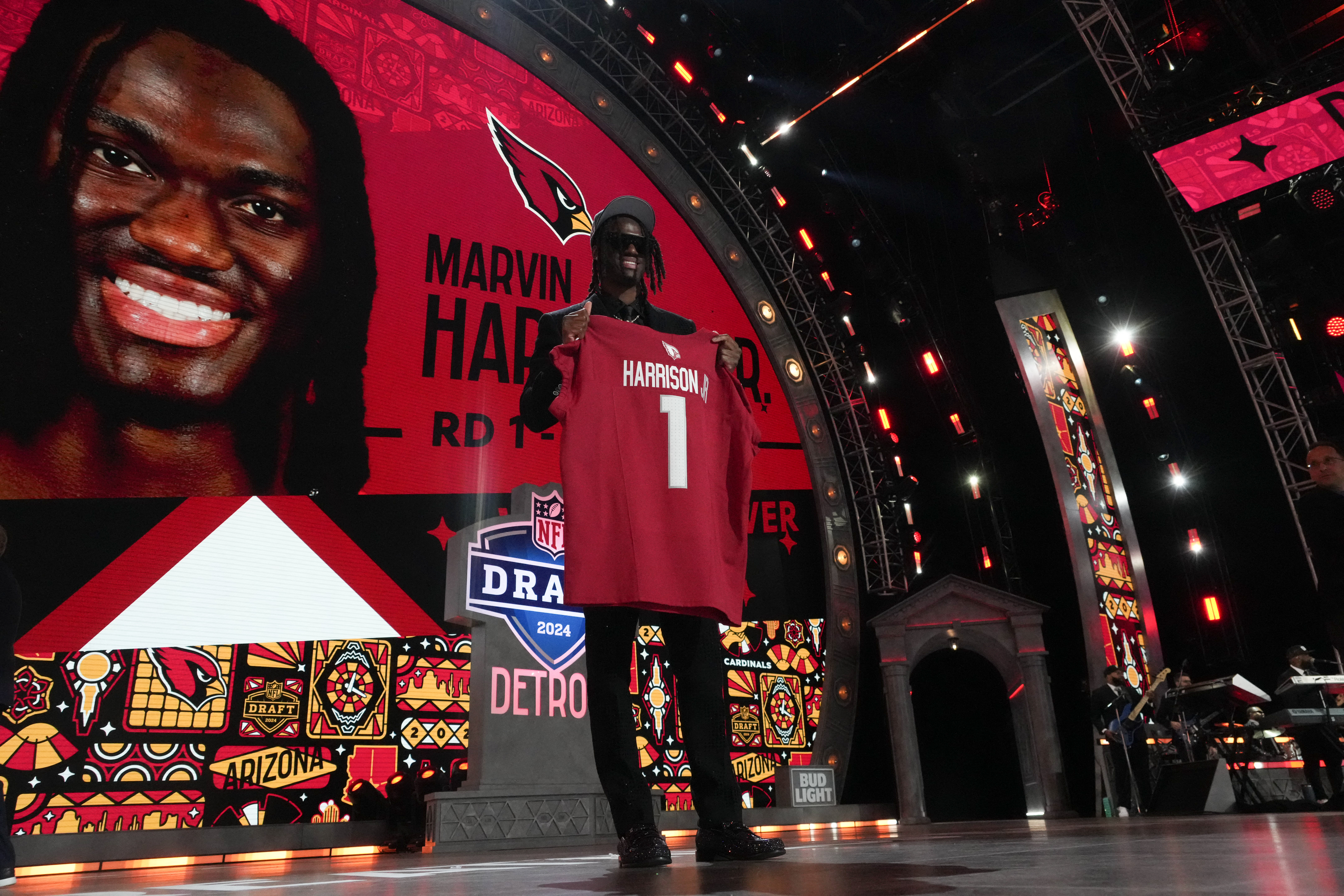 Ohio State Buckeyes wide receiver Marvin Harrison Jr. poses after being selected by the Arizona Cardinals as the No. 4 pick in the first round of the 2024 NFL Draft at Campus Martius Park and Hart Plaza.