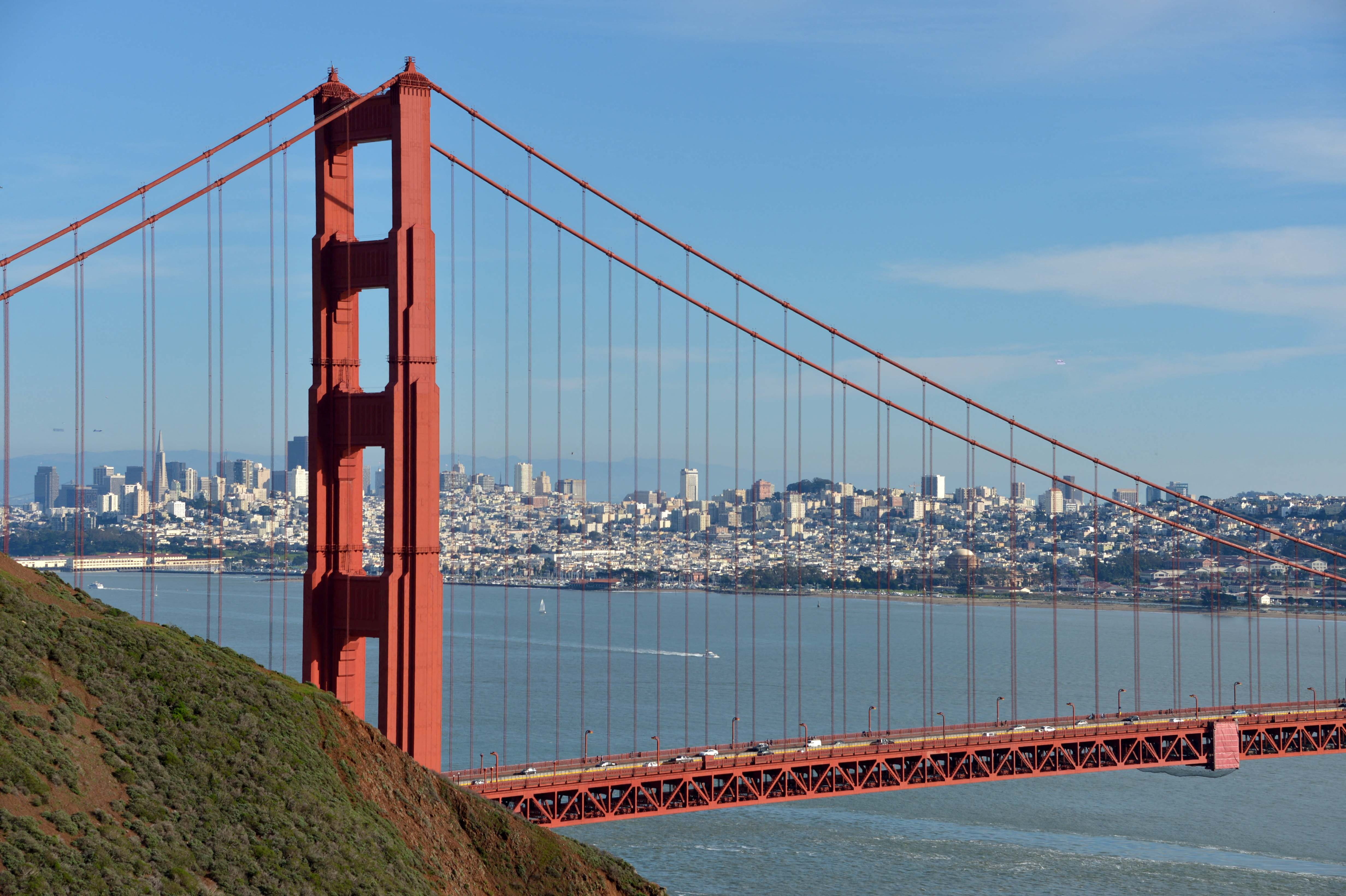 A general view of the Golden Gate Bridge and the skyline of downtown San Francisco as we explore how the Bay Area is betting the Super Bowl 2026.