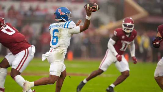 Ole Miss quarterback Trinidad Chambliss (6) throws a pass against Oklahoma, and we're backing him and the Rebels in our college football picks against the spread for Week 10.
