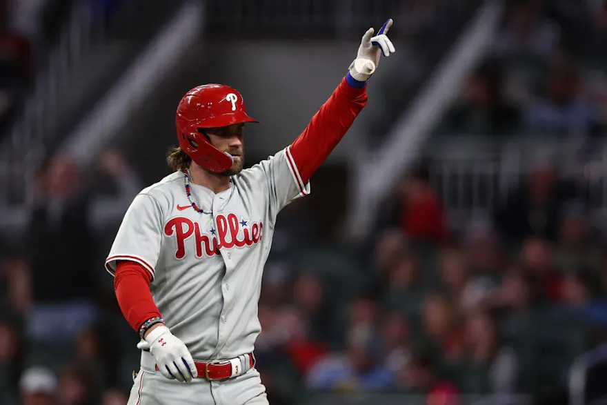 Bryce Harper #3 of the Philadelphia Phillies reacts after hitting a solo home run as we look at our best Phillies-Braves prediction for Game 2