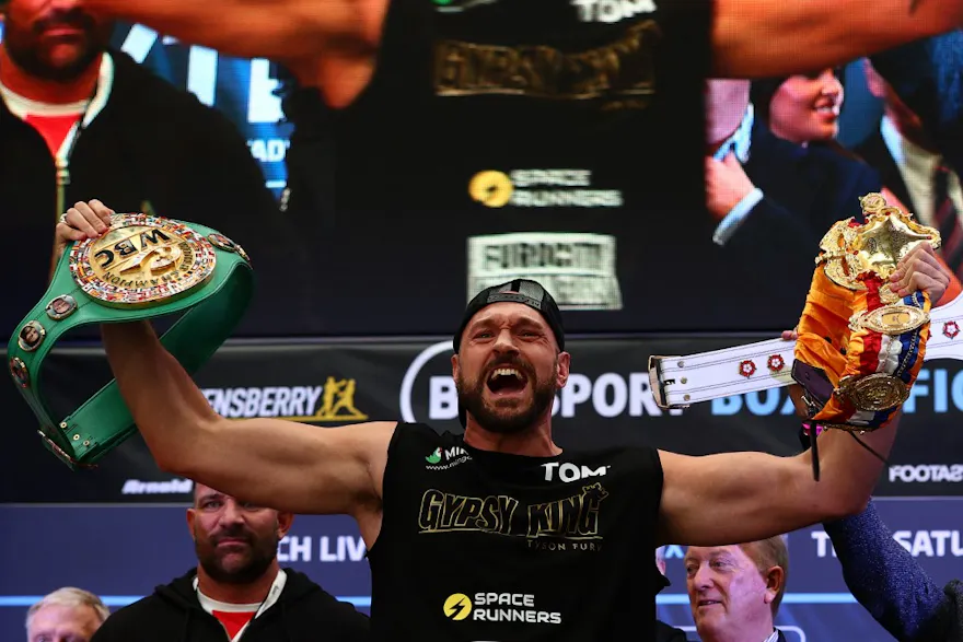 Tyson Fury reacts during his weigh-in at Wembley Stadium as we provide a look at the best Fury vs. Ngannou odds