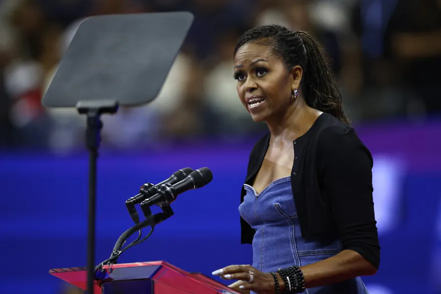 Former First Lady of the United States Michelle Obama speaks during a ceremony honoring 50 years of equal pay at the U.S Open as we look at the Michelle Obama presidential election odds.