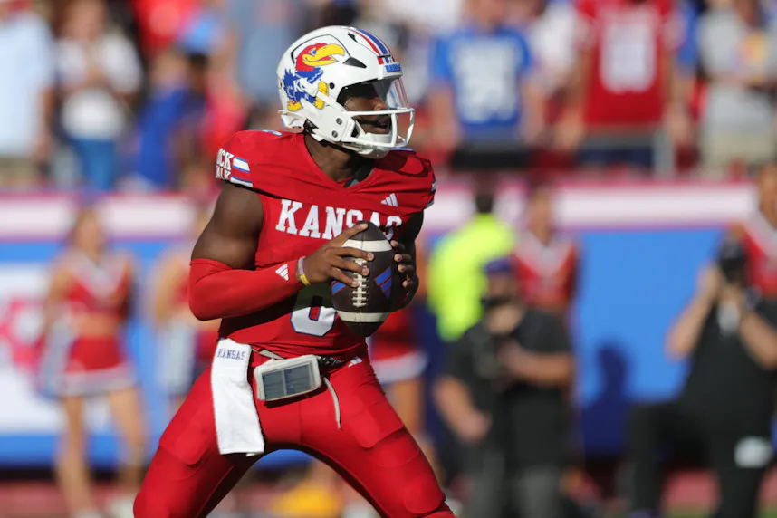 Kansas Jayhawks quarterback Jalon Daniels looks to fire a pass during the third quarter as we offer our best Big 12 bets for Week 6.