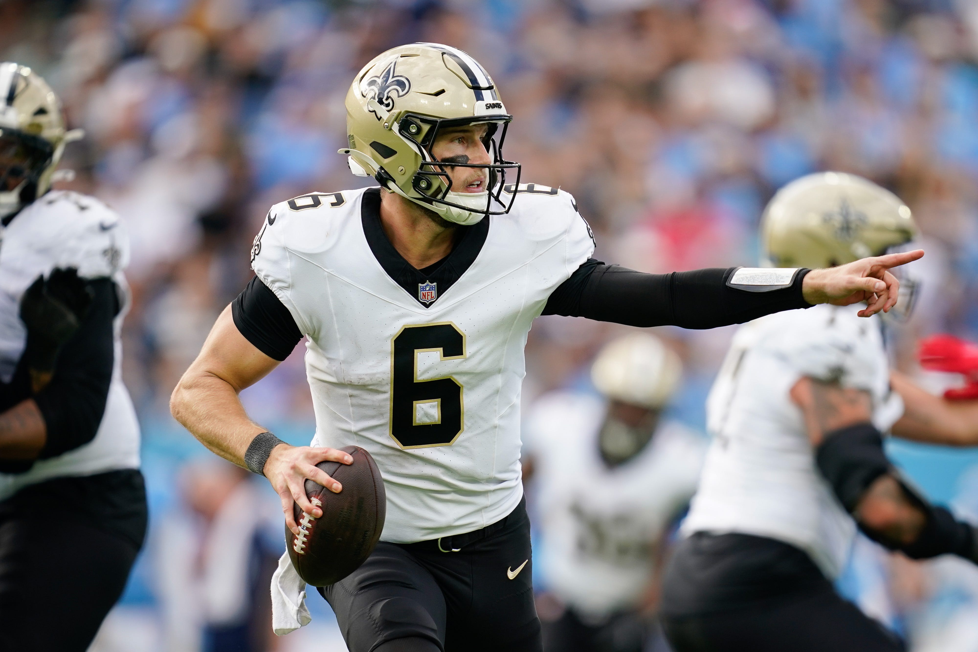 New Orleans Saints quarterback Tyler Shough (6) looks for a receiver as he is featured in our NFL Offensive Rookie of the Year Odds 2025-26.