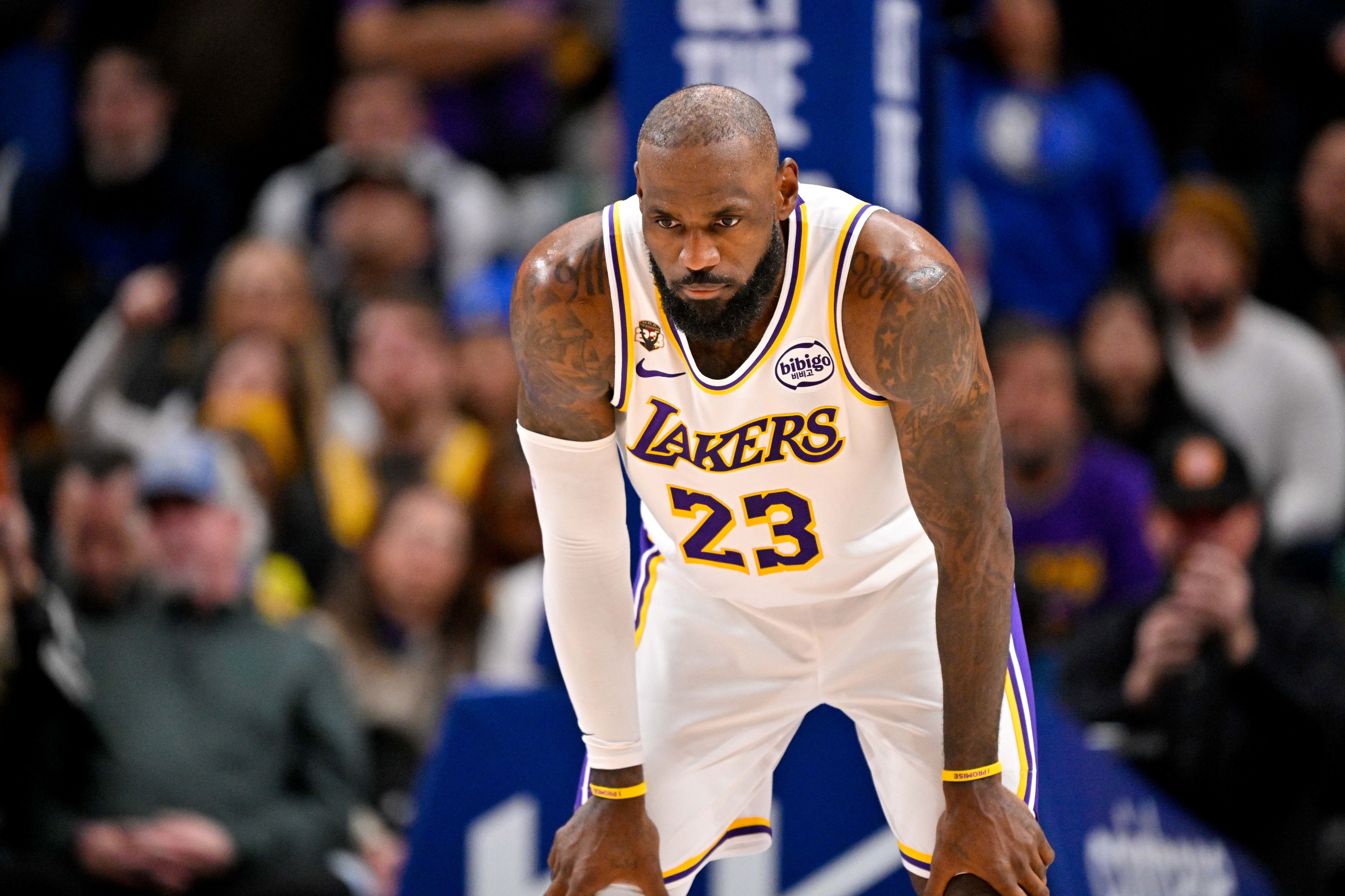 Los Angeles Lakers forward LeBron James (23), seen here looking on during a game, is featured in our Lakers vs. Warriors player props today.
