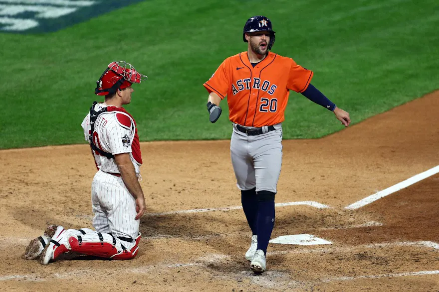 Chas McCormick of the Houston Astros scores a run after Yordan Alvarez of the Houston Astros is hit by a pitch against the Philadelphia Phillies during the fifth inning in Game Four of the 2022 World Series at Citizens Bank Park on November 02, 2022 in Ph